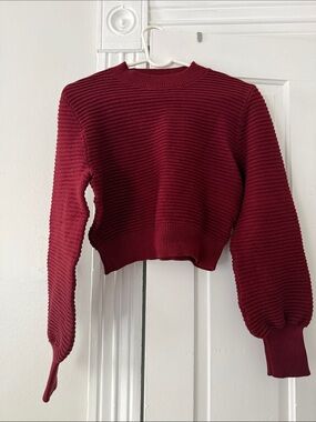 Cropped Ribbed Crewneck Sweater - Burgundy